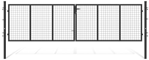 Eikuavons Doppelflügel Gartentor, 350x100cm Gartentür Metall Gartentor inkl. Griff, Schloss, 3 Schlüsseln und Bodenverriegelung, Robust Doppelflügelig für Stabmattenzau Zauntor, Anthrazit