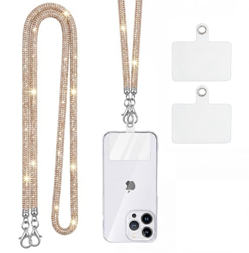 Knrlqim Cordon Telephone Portable Universelle avec 2 Patchs,Strass Scintillants Lot de Universal Chaine Telephone Portable Collier de Longe, Compatibles avec Plupart des Smartphones, Champagne Gold