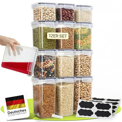 uandu Vorratsdosen mit Deckel luftdicht – 12er für Müsli, Mehl & Zucker | Vorratsbehälter Set, 3 Größen, BPA-frei, 24 Etiketten & Schreibstift für mehr Ordnung