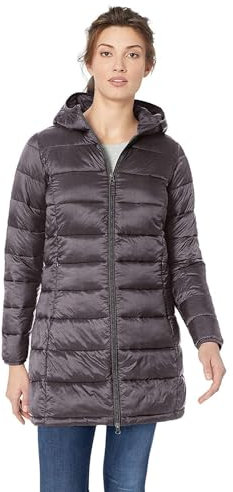 Amazon Essentials Damen Leichter, wasserabweisender, verstaubarer Puffermantel mit Kapuze (erhältlich in Übergrößen), Dunkelgrau Meliert, L
