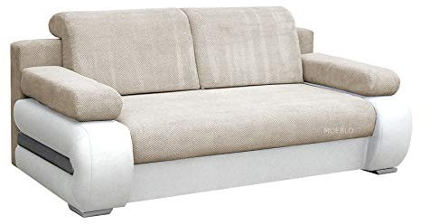mb-moebel Sofa mit Schlaffunktion und Bettkasten Couch für Wohnzimmer Schlafsofa Schlafcouch Sofagarnitur Polstersofa Wohnlandschaft mit Bettfunktion 3 Sitzer - 206x96x82cm York (Beige und Weiß)
