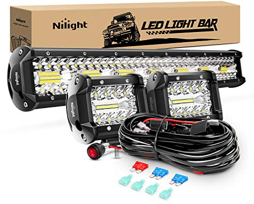 Nilight 20Inch 420W Triple Row Spot Flood Combo Led Light Bar Work Driving Lamp 2Pcs 4Inch 60W Cube LED Pods Lights for Trucks with Off-Road Wiring Harness Kit-3 Leads