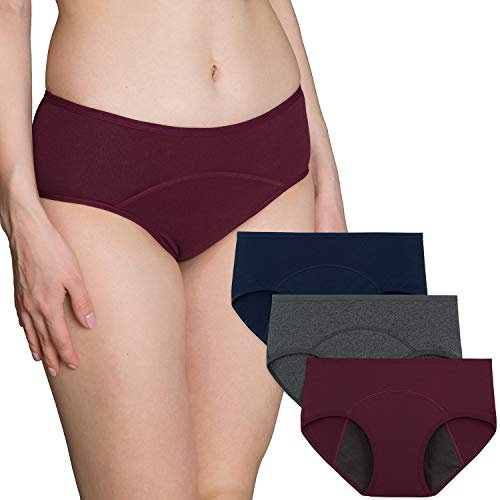 INNERSY Bragas Menstruales Mujer Cintura Baja Braguitas Algodón Ropa Interior de Protección 3 Pack (M, Rojo+Azul+Gris)