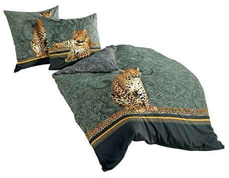TRAUMSCHLAF Mako-Satin Ganzjahresbettwäsche anthrazit · 100% Baumwolle · Edles Leopard-Motiv · Hautsympathisch & temperaturausgleichend · Ganzjahresbettwäsche · Waschbar bis 60°C 155x220 cm + 80x80 cm
