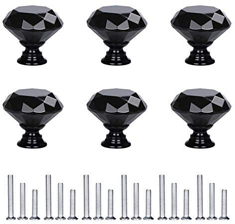 D-buy 6 Pack Crystal Drawer Pulls and Handles - Glass Cabinet Door Knobs With Screws (30 mm, All Black)