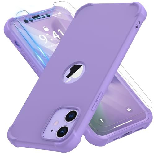 ORETECH for iPhone 12 Case, iPhone 12 Pro Case, with [2 x Tempered Glass Screen Protector] Heavy Duty Protection Silm Hard PC Silicone Rubber Bumper Cover - Purple