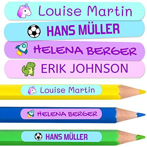 50 personalisierte Namensaufkleber zum Markieren von Bleistiften, Markern, Kugelschreibern. Farbige Etiketten für Kinder in Schule und Kindergarten, wasserfest. Größe 4,6 x 0,6 cm.