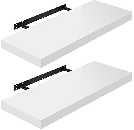WOLTU Wandregal Volato Set von 2 Regalen Wandboard freischwebend Schweberegal CD DVD Regal Bücherregal Holz Board 80x22,9x3,8cm Hochglänzend Weiß RG9480ws-2