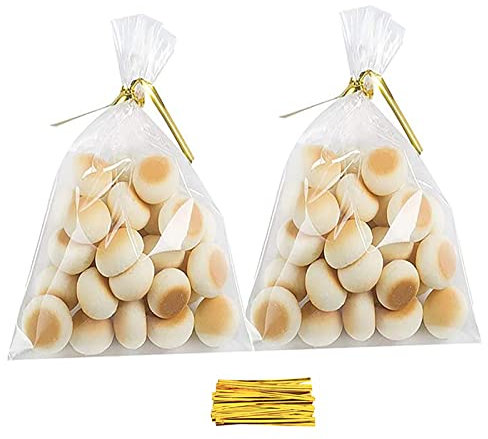 100 Cellophantüten klar 8 x 12cm,mit 100 Metallische Bindebaender, Kindergeburtstag Gastgeschenke Zellophanbeutel tüten,Geschenktüten für Partygeschenkverpackung, Partygeschenke