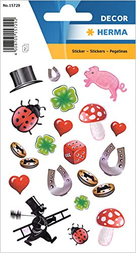 HERMA 15729 Aufkleber Glück Glitzer klein mini, 40 Stück, Kleeblatt Sticker mit Marienkäfer Herzen Hufeisen Fliegenpilz, Etiketten für Fotoalbum Hochzeit Tagebuch Poesiealbum Scrapbooking Liebe Deko