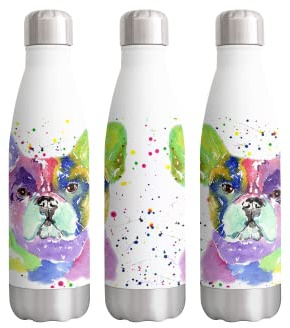 French Bulldog Frenchie Dog Pet Watercolour Rainbow Art Bottle Double Wall Insulated Stainless Steel Sport Drinks 500ml White Gift Ideal for School Work Office Oudoor Sports Keeps Hot and Cold Drinks