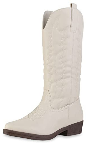 VAN HILL Damen Leicht Gefütterte Cowboystiefel Stiefel Blockabsatz Schuhe Stickereien Boots Spitze Western Freizeitschuhe 207004 Beige 38