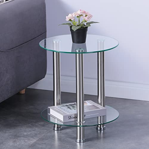 GOLDFAN Round Side Table Small Tempered Glass End Table 2-Tier Storage Sofa Table with Chrome Frame for Living Room Balcony,Clear