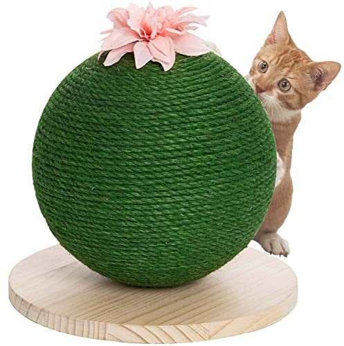 BAKAJI Rascador rascador Redondo Forma esférica Bola para Gatos Animales felinos Color Verde con Flor interactiva para uñas antiarañazos Juguete Estable Resistente Resistente Cuerda de cáñamo