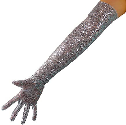 DooWay Damen-Handschuhe, sexy Opern-Pailletten, 70 cm, Burgunderrot, glitzernd, für Party, Cocktail, Abend, Handschuhe, silber, 38