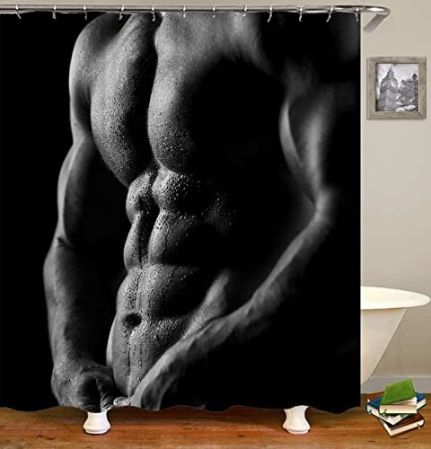 Rideau Douche 120 x 200 Homme Sexy, 3D Noir Rideau de Douche Anti Moisissure Rideaux de Douche, Rideau Salle de Bain Imperméable Shower Curtain, avec 8 Crochets