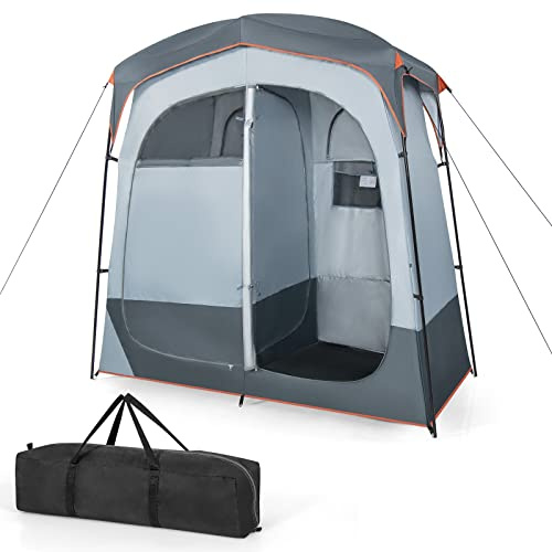 COSTWAY Tenda Spogliatoio da Esterno a 2 Stanze, Tenda da Doccia da Campeggio con Parapioggia Rimovibile, Stendibiancheria e Borsa, Tenda per WC Doccia per Campeggio, Spiaggia e Pesca (Grigio)