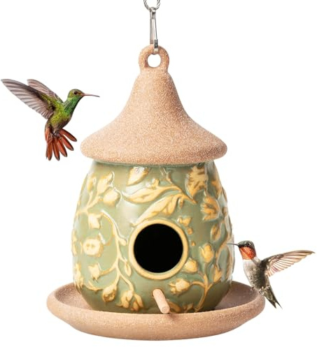 Vogelhäuser zum Aufhängen, Keramik, Vogelhaus, Futterstation mit Holzstange für den Außenbereich, Kolibris, Kardinal, Blauvogel, Nest, Vogelhaus, Haustierhütte für Terrasse, Outdoor, Garten