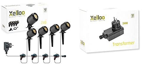 Xelloo® Gartenleuchten Set ZEP, 12 Volt & 24-W-Transformator zur Erweiterung der Anzahl der Leuchten pro Beleuchtungslinie — geeignet für alle 12-V-Außenbeleuchtungssets