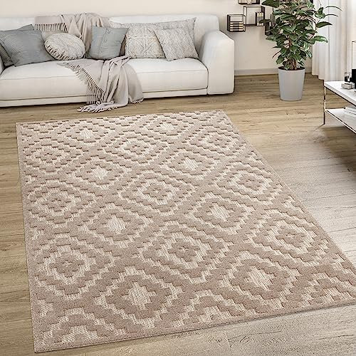 Paco Home Outdoor Teppich wetterfest & langlebig Moderne Boho-Designs mit 3D-Effekt Skandi-Look UV-beständig & robust für Balkon, Garten, Wohnzimmer & Küche, Grösse:160 cm Rund, Farbe:Beige 2