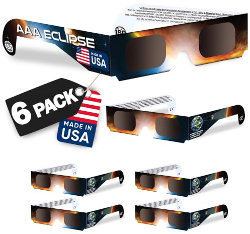 AAA Eclipse [6 PACK Solar Eclipse Glasses - AAS Approved 2026 - Made in USA - ISO Certified 12312-2 & CE Certified Lunette Eclipse Solaire