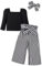 Xumplo Girls Clothes Toddler Outfits Kids Clothing Set Puffy Long Sleeve Top Square Neck T-shirt Two Pieces Striped Wide Leg Pants Sets with headband Black 4-5 Years
