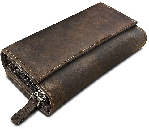 ROYALZ 'Orelia' Vintage Leder Geldbörse für Damen Portemonnaie groß mit vielen Fächern RFID-Blocker Brieftasche Querformat, Farbe:Nevada braun