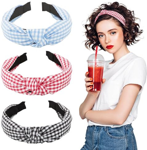 BOFUNX 3pcs Kariert Haarreif mit Knoten Stirnband Vintage Breit Haarreif Kariert Kopfband Haarband für Damen und Mädchen Oktoberfest