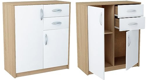 Meble Bestseller Kommode mit Schubladen, Schrank 2 Schubladen K020 (Breite 74 cm, Höhe 85 cm, Tiefe 35 cm) in Sonoma Eiche mit weißen Fronten
