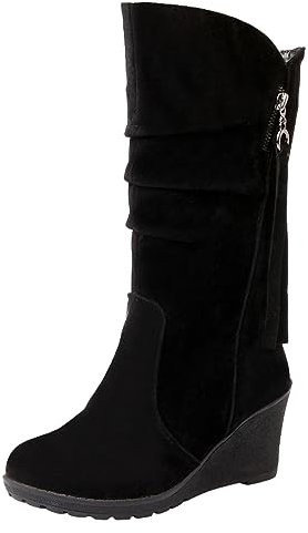 rismart Stivali Western Donna Polpaccio Medio Tacco a Zeppa Foderato con pelliccia sottile Camoscio Scarpe Invernali Nero,37