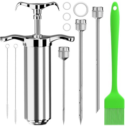 Fleischspritze Marinadenspritze,BBQ Bratenspritze 60ml mit 3 Nadeln,304 Edelstahl-Gewürzspritze,Pökelspritze,Marinierspritze Bratenspritze Set,für Rind,Huhn,Gebäck mit Marmelade zu befüllen (Silber)
