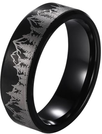 JewelryWe Ring Herren Wolfram Wald: 8mm Breite Herren-Ring Wolframcarbid Schwarz Waldmuster Verlobungsringe Eheringe Trauringe Hochzeit Band Männer Ringe mit Gravur Größe 76