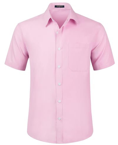 HISDERN Chemise Rose à Manches Courtes pour Hommes Chemise d'été décontractée Coupe régulière Boutonnée Chemise habillée Formelle avec Poche Poitrine,S