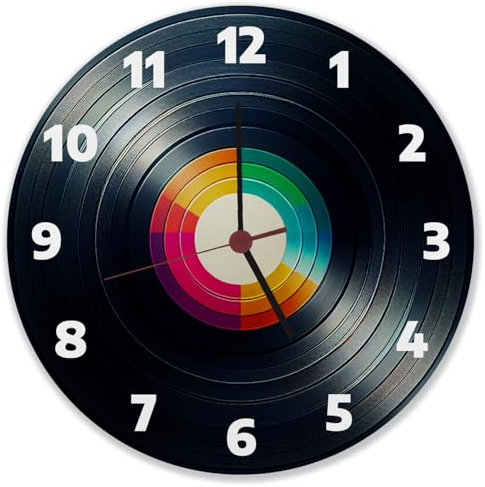 speecheese Schallplatte Wanduhr Kreisförmige Wanduhr im Design Einer Vinyl Schallplatte Bunt Farbenfroh mit Vinyl-Label Einzigartige Musik Deko