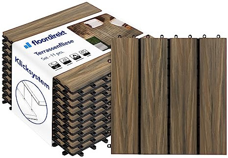 Floordirekt Piastrelle per terrazze con sistema a scatto - Mix Teak - per esterni, balcone e terrazze, resistenti alle intemperie, con funzione di drenaggio, in WPC, 30 x 30 cm, 11 pezzi = 1m²