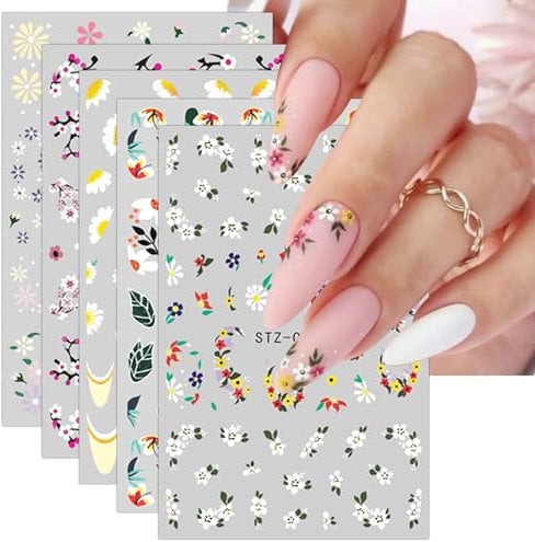 JMEOWIO 12 Sheets Flower Nail Art Stickers Decals Self-Adhesive Spring Summer Colorful Floral Nail Supplies Nail Art Design Decoration Accessories