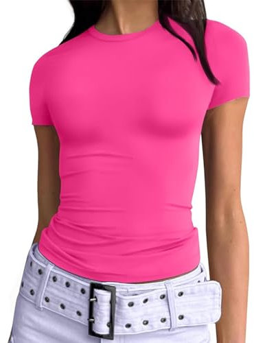 OYIGELZ T-shirt pour femme - Coupe classique - Basic - Manches courtes - Y2K - Coupe ajustée - Décontracté - Col rond, Rose fluo/d1, S
