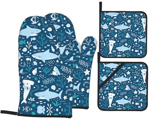 Niedliche blaue Fisch-Küchenbackhandschuhe, 4-teilig, Topfklemme, Ofenhandschuhe für Grillen, Kochen, Backen