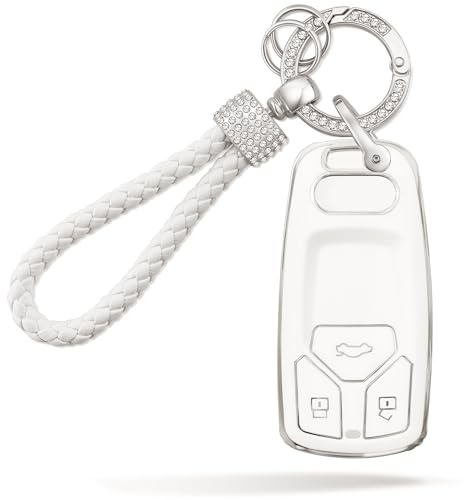 Schlüsselhülle für Audi A3 A4 A6 A5 A7 A8 Q5 Q7 TTS RS S4 S5, 3 Tasten Schlüssel Cover Autoschlüssel Hülle für Audi mit Glitzer Schlüsselanhänger Schlüsseletui Schutz Mädchen-Weiß A