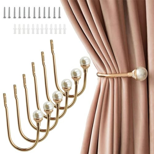 Coolnice 6 Pezzi Ganci Fermatende Decorativi Tenda Ganci Fermatende, a Muro Ganci a U Fermatenda, Perla di Plastica Metallo Supporto, per Soggiorno Camera da Ufficio Sala da Pranzo-Oro