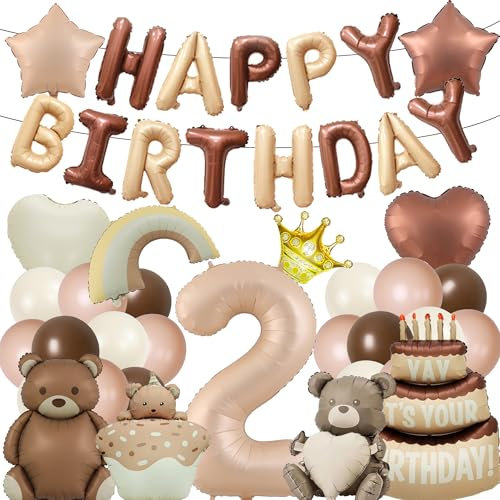 Deko 2. Geburtstag Mädchen Junge - Bär Geburtstagsdeko Luftballons Set mit Happy Birthday Ballons Bären Folienballon, Dekorationen für Babyparty Kindergeburtstag Tiere Thema Party
