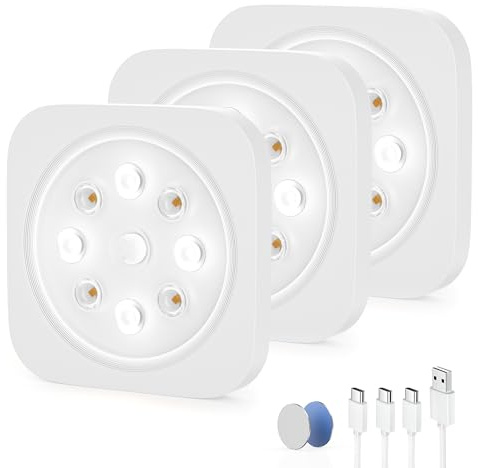LROLTEF Schrankbeleuchtung Led Lampe - 1200mAh 6500K Unterbauleuchte Küche Licht Aufladbar mit Bewegungsmelder - Kleine Magnetische Schranklicht Treppenlicht Vitrinenbeleuchtung | 3 Stück