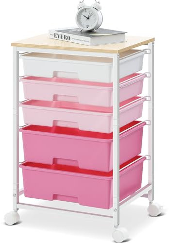 SYKIARIOL Rollwagen Badrollwagen mit 5 Schubladen, Küchenwagen mit Rädern mit Tischplatte aus Holz, Rollcontainer für Küche, Wohnzimmer, Schlafzimmer, Büro, Pink