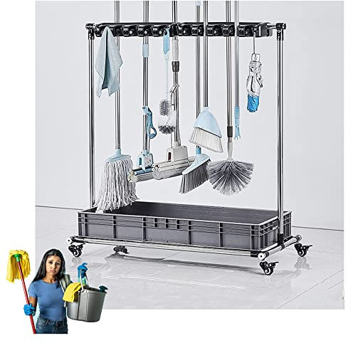 Drain Rack Broom Mop Holder Movable Floor Standing Utility Mop Broom Holder Commercial Cleaning Tool Cart,Housekeeping Supplies,with Wheels,for Hotel,Factories, (24slots)