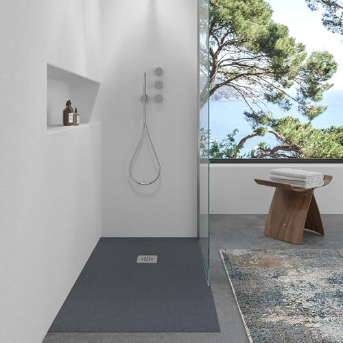 VAROBATH | Plato de Ducha Nolita – Material Resina con Carga Mineral y Textura Pizarra Antideslizante C3 – Incluye Válvula Desagüe y Rejilla (Grafito RAL-7015, 70x140)