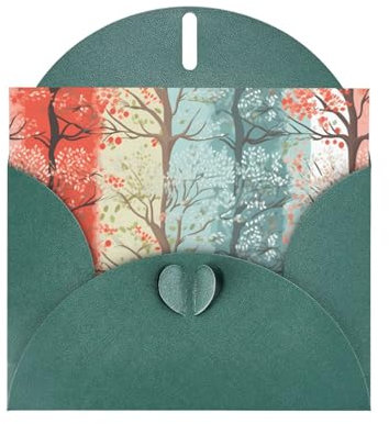 Dunkelgrüne WHJSHOP Four Seasons Frühlingsbaum-Druck-Grußkarte – hochwertiges Perlglanz-Papier, doppelseitig, Perleneffekt, Liebesschnalle, Perlenpapierumschlag