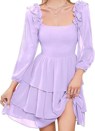 BDSCZW Robe trapèze en mousseline de soie pour femme - Couleur unie - Col carré - Manches longues - Style complexe - Robe de vacances pour femme, lilas, XL