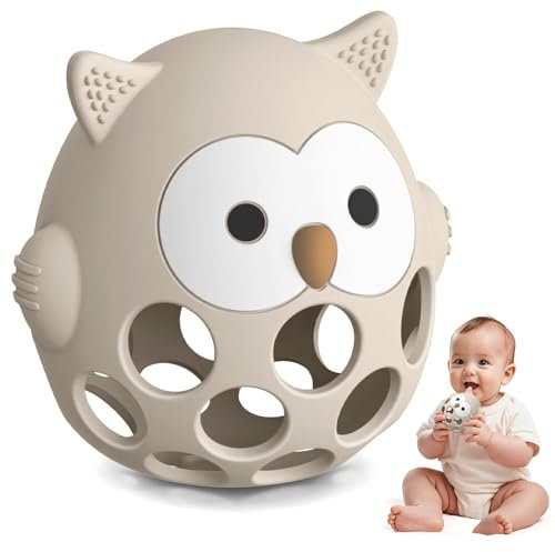 Anneau de dentition en Silicone Alimentaire pour Bébé en Forme de Chouette, Facile à Saisir et Doux, Jouets à Mâcher pour l'Autisme Jouet de Dentition Apaisant Sans BPA pour Bébés 0 3 6 18 Mois, Beige