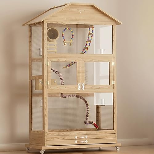 ZXTRYBHD Vogelkäfig, Papageienkäfig aus Massivholz, für Zuhause, mit Schwarzer Phönix-Pfingstrose, Luxuriös, Transparent, Nymphensittichkäfig, Villa