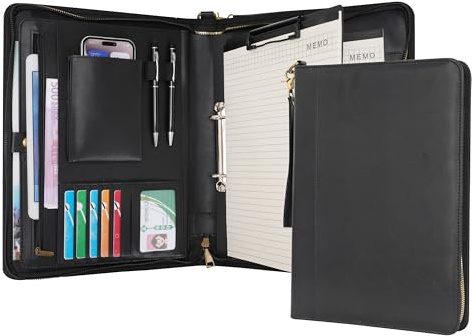 Wason Cartella formato A4 con cerniera - Portafoglio in Pelle PU con Raccoglitore ad Anelli Staccabile e Supporto per Blocco Note, Organizzatore per Conferenze Ufficio Viaggi Scuola (Nero)